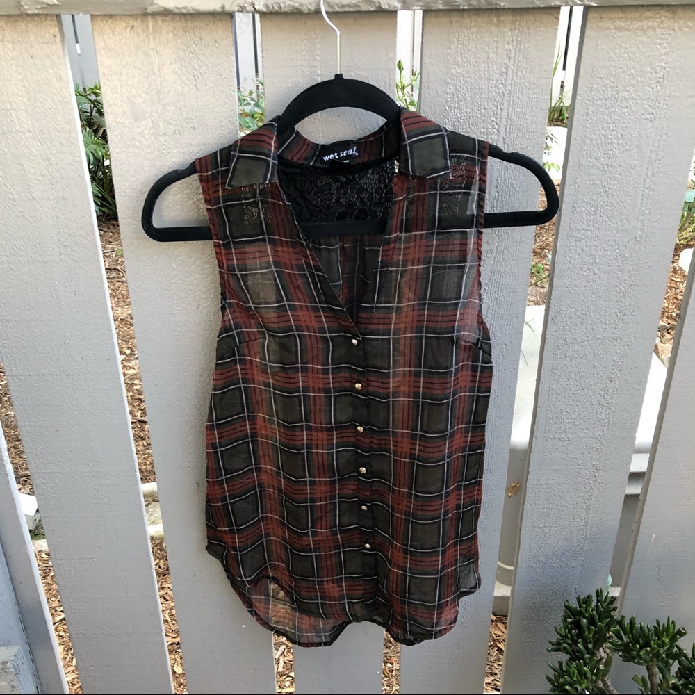 Plaid and lace button down tank